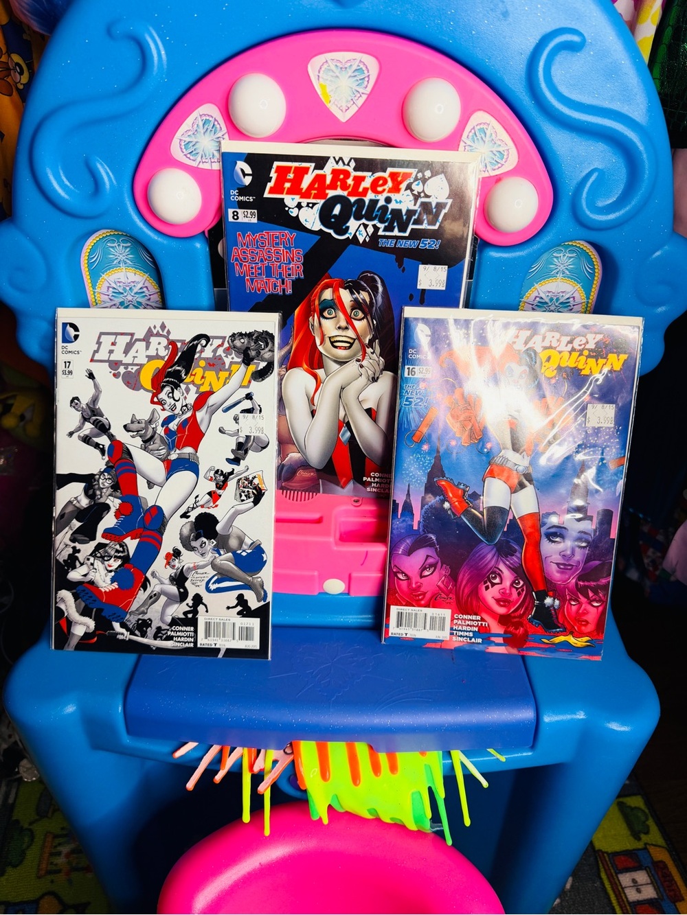 3 DC Harley Quinn Comics — Blue, Pink, Red Covers